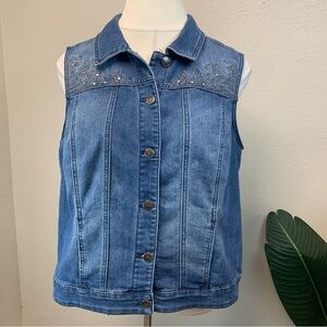 CJ Banks Blue Embroidered Denim Vest